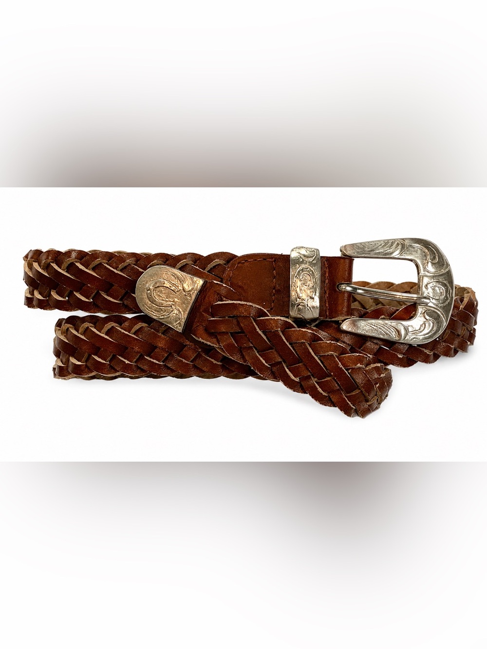 Vintage Italian Braided Leather Western Belt M/L 30-34 Silver Buckle